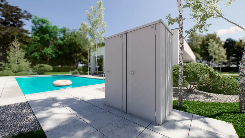 Produkt Rendering einer Garten Aufbewahrung im Outdoor Setting